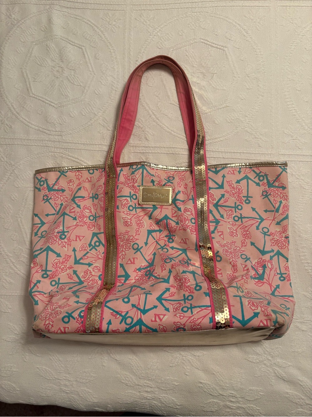 Lilly Pulitzer Pink Tote with Teal Anchor & Gold Trim